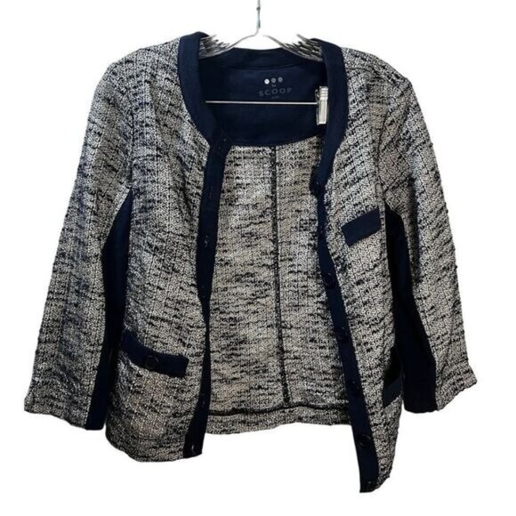 Scoop NYC Womens Tweed Cardigan Jacket With Button Front Pockets Black‎ & White - Picture 1 of 5